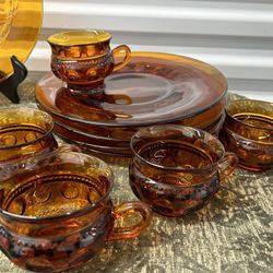 Vintage Indiana Glass Kings Crown Thumbprint Amber Plates & Cups 6 Sets =12 Pieces