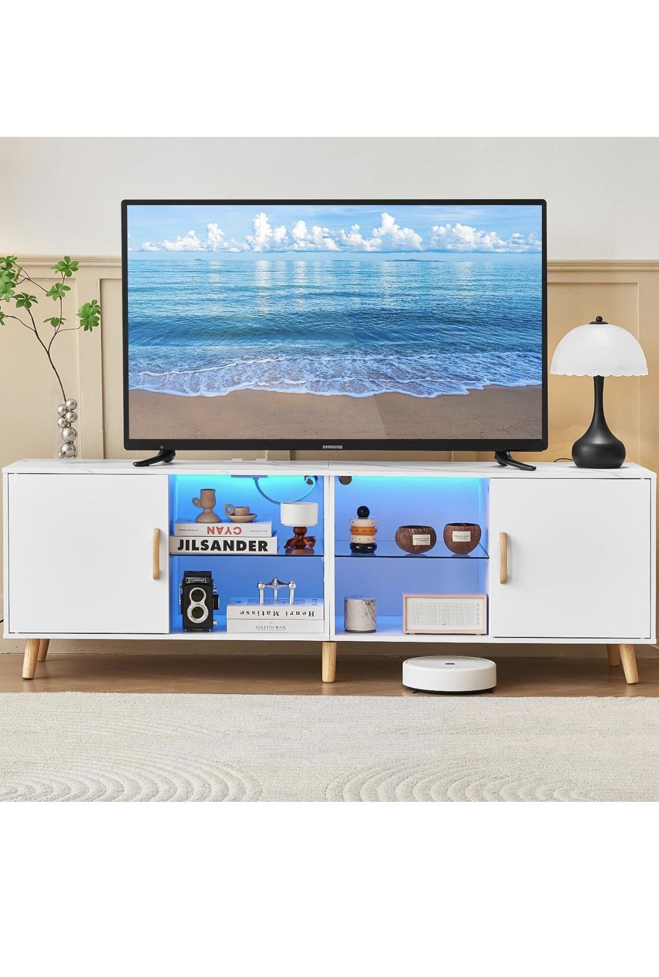 TV Stand for 70 Inch TV, Modern TV Stand with LED Light & Outlet, Entertainment Center with Glass Shelves, 15.8" D x 63" W x 20.9" H, White 1