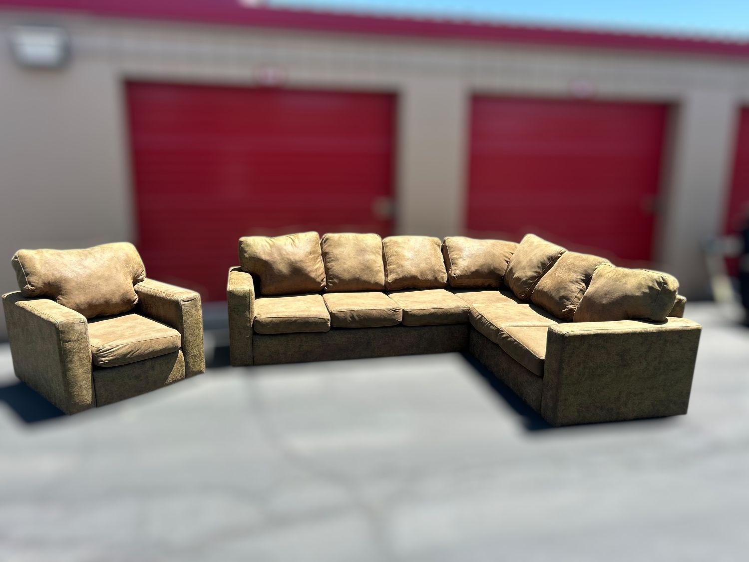 Free Delivery- brown hide L shaped sectional couch and chair