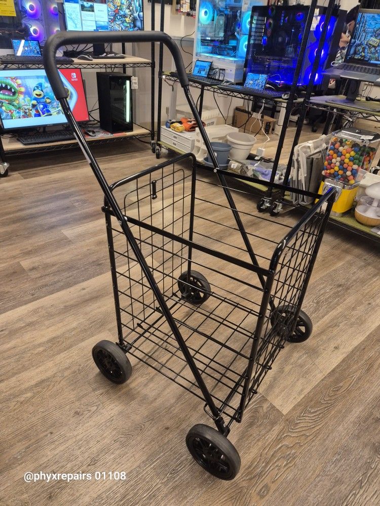 COSTWAY Folding Shopping Cart, Heavy Duty Grocery Utility Cart with Foam Wrapped Handle & Large Wheels, Versatile Rolling Cart with 22 Gal Metal Baske