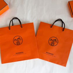 #New Hermes Paris Orange Shopping Gift Bag Tote Brown Cloth Handles 11.75”x11.75” x 4”
