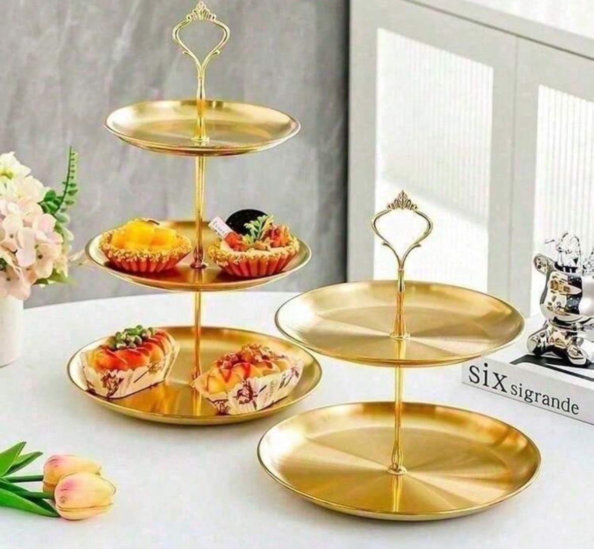 2 Pcs / 1pc 3-Tier Stainless Steel Dessert Stand - Serving Tray For Party, Wedding, Afternoon Tea, Kitchen & Bakery Display