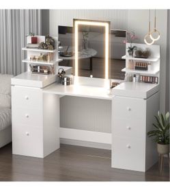57.1" W Vanity Makeup Table with Lighted Mirror Table with Tri-Folding Mirror, 8 Drawers, 3 Light Modes, Open Storage Shelves, Vanity Table as Gifts f