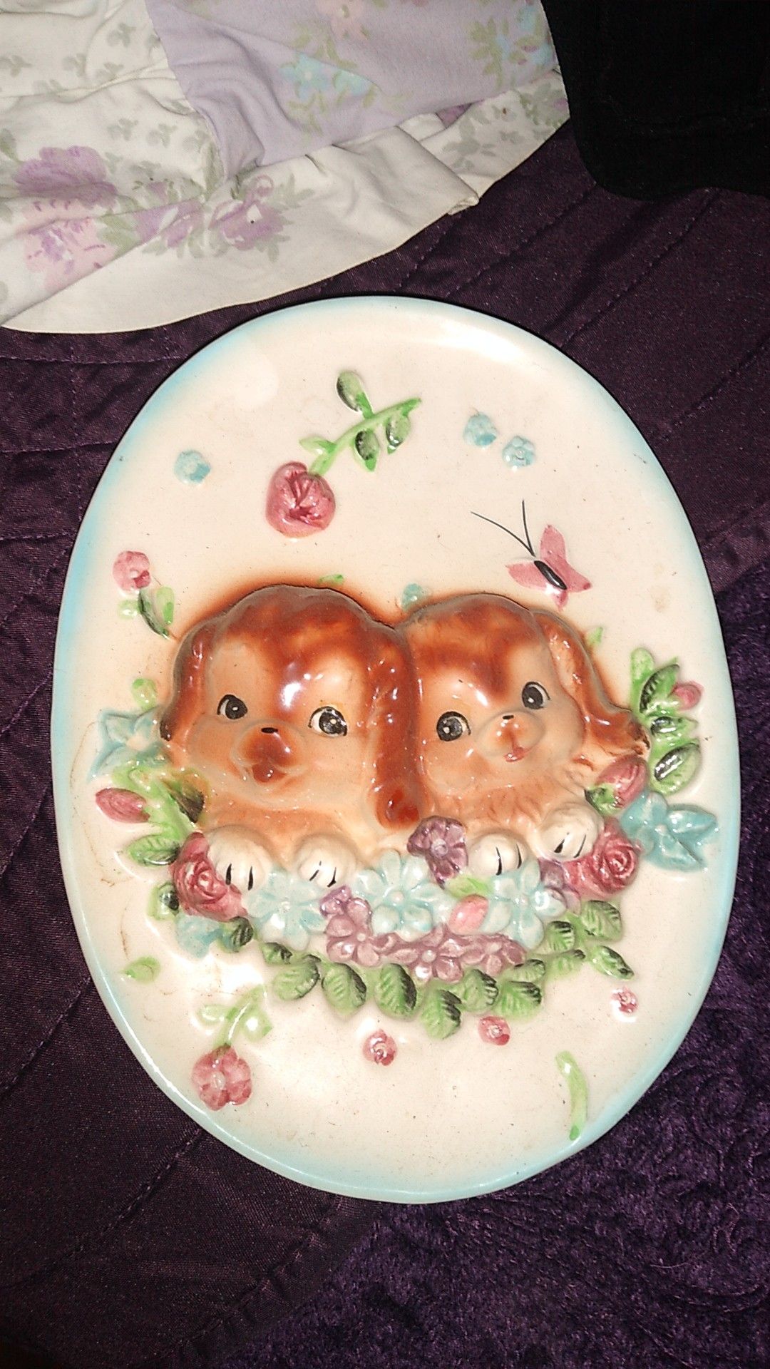 Adorable antique Lefton China wall hanging with puppies and flowers