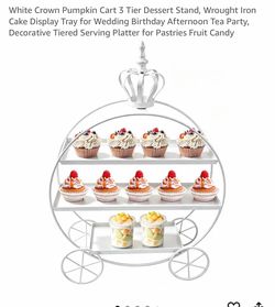 White Crown Pumpkin Cart 3 Tier Dessert Stand, Wrought Iron Cake Display Tray for Wedding Birthday Afternoon Tea Party, Decorative Tiered Serving Plat