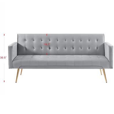 New Grey Mid Century Futon. Velvet Sofa Bed with Armrests, Gold Metal Legs, Adjustable Back