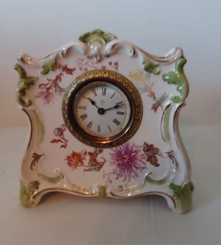 Antique Ansonia Miniature China Clock with Hand Painted German Case