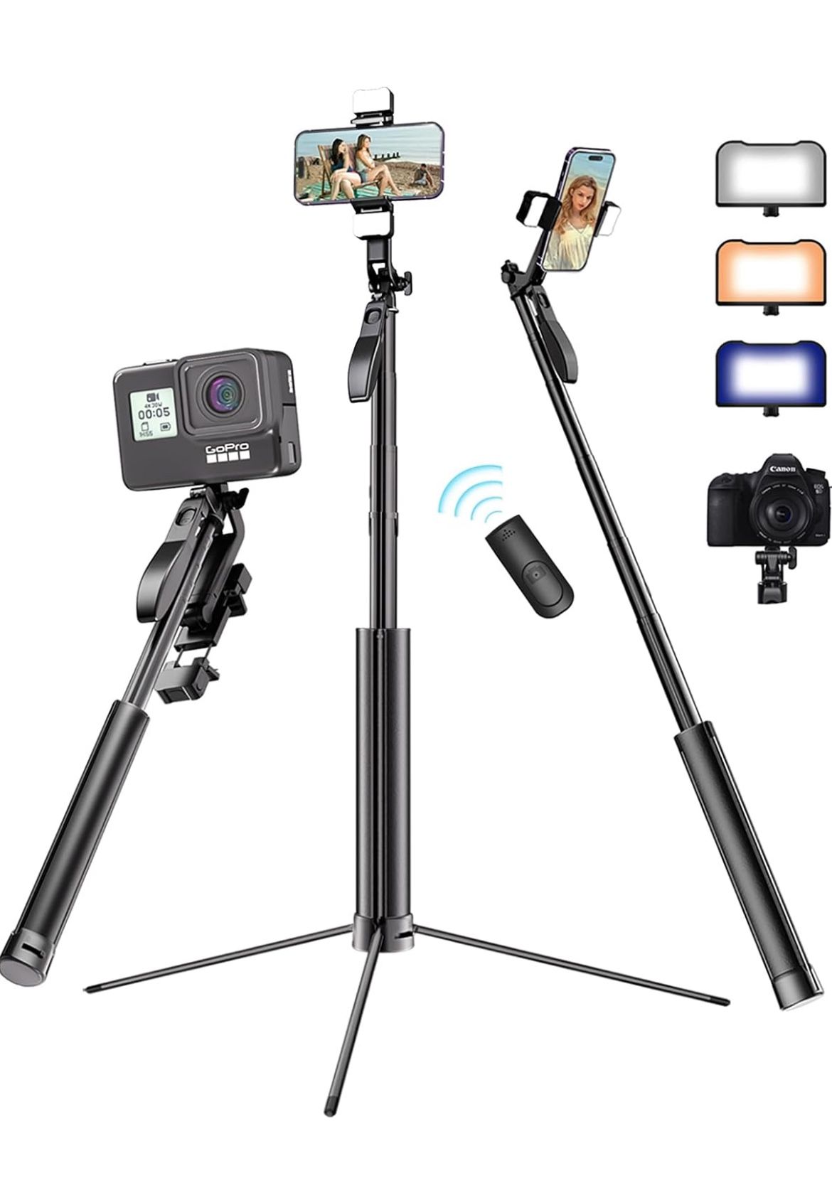ADYSS 67" Metal Phone Tripod, Selfie Stick Tripod for iPhone with Remote 360° Rotating Balance Handle Phone Stand Tripod with RGB Light, Compatible wi