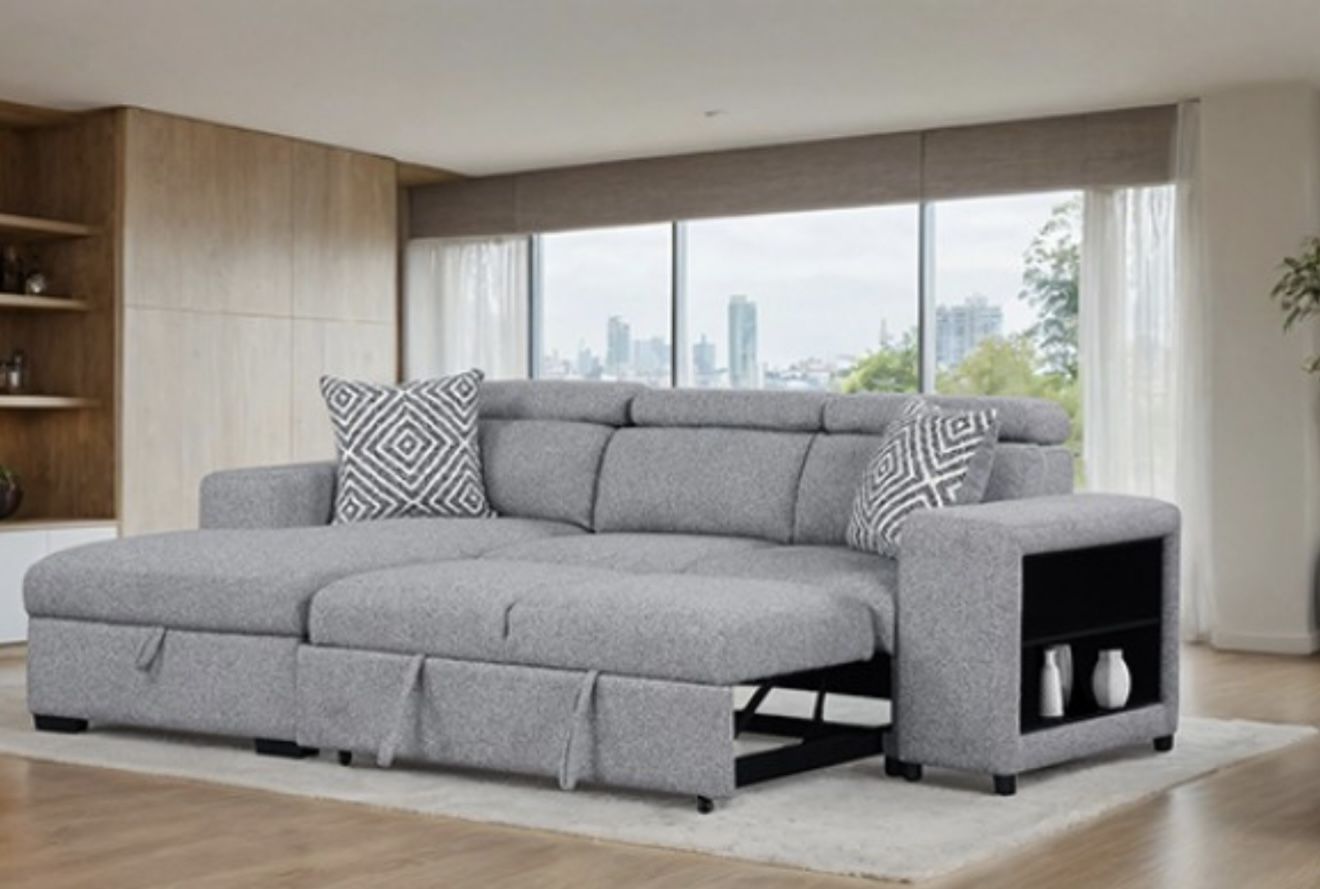 Gray Sectional With Pullout Sleeper And Storage 