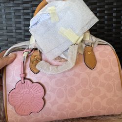 Coach Rowan Satchel Bag Signature Canvas With Charms Gold/Powder Pink CEA18 NWT
