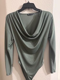 Zara Draped Cowl Neck Long Sleeve Bodysuit – Sage Green – Size Medium