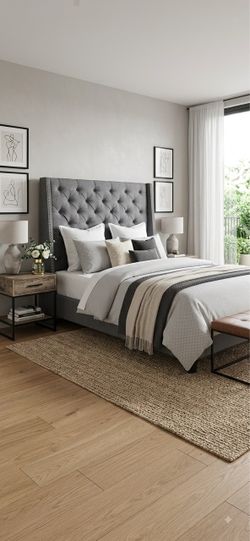 Grey Queen Upholstered Bed Frame