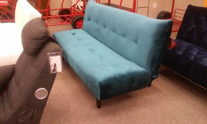 New!! Teal Tufted Sofa Bed & Futon w/solid brown wooden legs