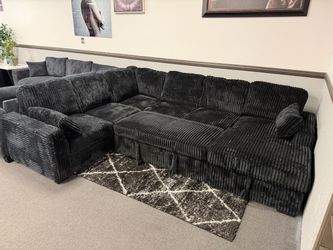 Large Black Corduroy Sectional Sleeper Sofa With Pull Out Bed