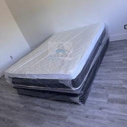 Queen mattress pillow top set with box spring (2pc - new) 