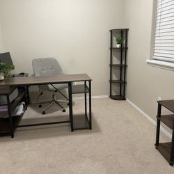 Furniture Pieces (L-shaped Desk, 5 Tier Shelf, Side Table) 