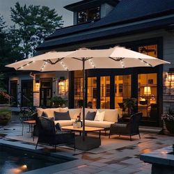 13-Foot Solar LED Double-Sided Patio Umbrella with Base