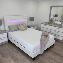 Queen LED Bed, Dresser, Mirror, 2 Nightstands 