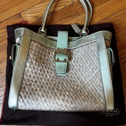 Coach Woven Straw Handbag Mint grew & Metallic Leather - Coach 4433