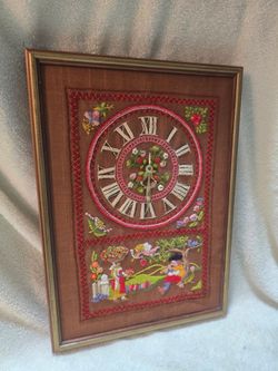 Wall Clock Antique Vintage Needlepoint Handmade Folk Art Clock Crewel Embroidery Roman Numeral Clock