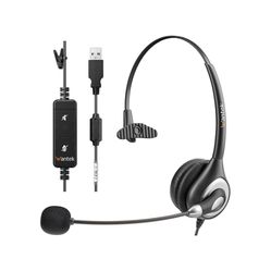 Wantek Corded USB Headsets Mono with Noise Cancelling Mic and in-line Controls, UC Business Headset for Skype, SoftPhone, Call Center, Crystal Clear C