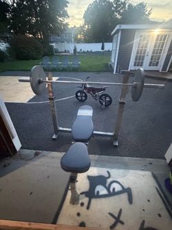Olympic size weight bench with bar and weights