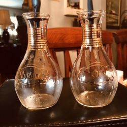 Vintage Pyrex Oil And Vinegar Jars, A Piece Broke Off Of One Of The Inserts Check Pics