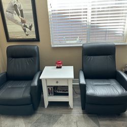 Two Motorized Black, Leather Recliners, And Table