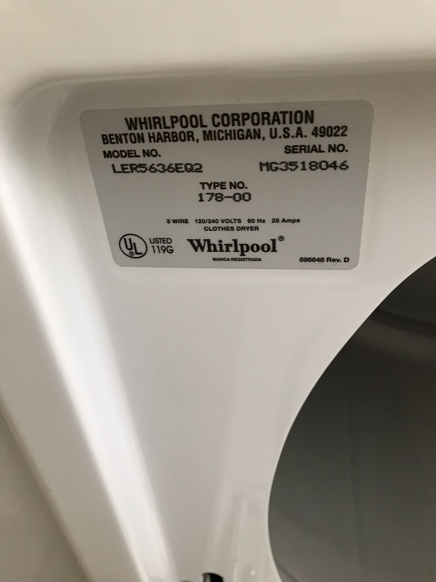 Whirlpool Dryer Model LER5636EQ2