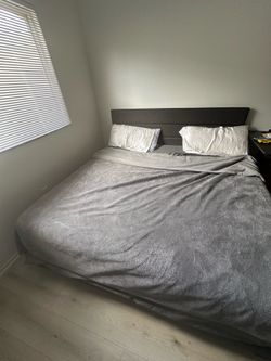 King Gray Upholstered Platform Bed Frame – $75