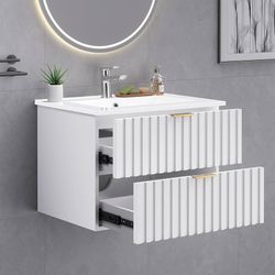 24 Inch Bathroom Vanity with Sink Combo, Floating Bathroom Vanity with 2 Fluted Drawer & Metal Handles, Modern Wall Mount Bathroom Cabinet 