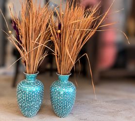 Set of 2 Turquoise Mosaic Decorative Vases with Tall Grasses