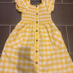 Girls Yellow Checkered Summer Dress Size M 7-8