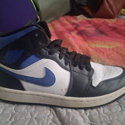 Jordan mid 1s black, white and blue racers