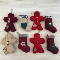 Set Of 8 Gingerbread Man And Stockings Felt Christmas Ornaments Handmade Vtg