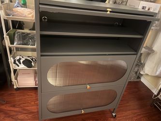 Brand New 6-Tier Gray Metal Shoe Cabinet with 3 Fluted Glass Flip Doors & Rolling Wheels – Unassembled