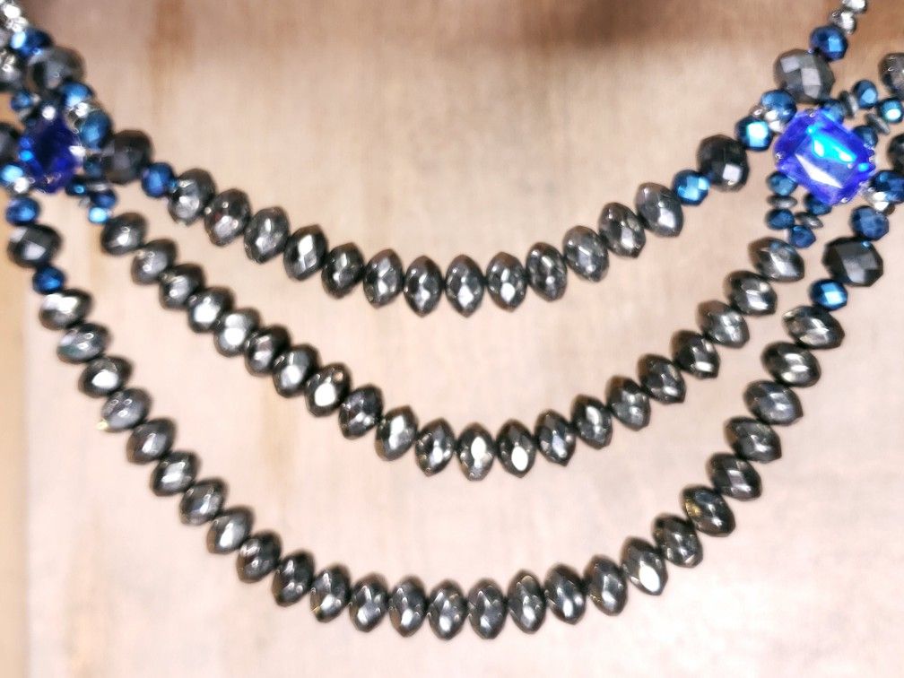 Gunmetal Faceted Glass Bead Necklace With Blue Accents