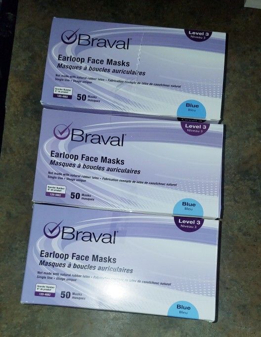 3 Boxes Braval Level 3 Earloop Face Masks Blue Latex-Free Face Masks ( 150 Pcs.)
