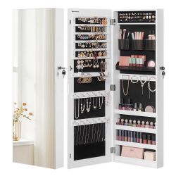 Mirror Jewelry Cabinet Armoire, Wall or Door Mounted Jewelry Storage, Hanging Lockable Frameless with 2 Plastic Cosmetic Organizers, Gift Idea, Black