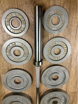 Full set of CAP Gray Olympic Weight Plates in NEW Condition & Brand NEW 6 ft Bar Steel Bar With Cooper Bearings [ Total 287 lbs].