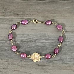 14k Gold Filled Flower Charm Natural Pearl Bracelet 