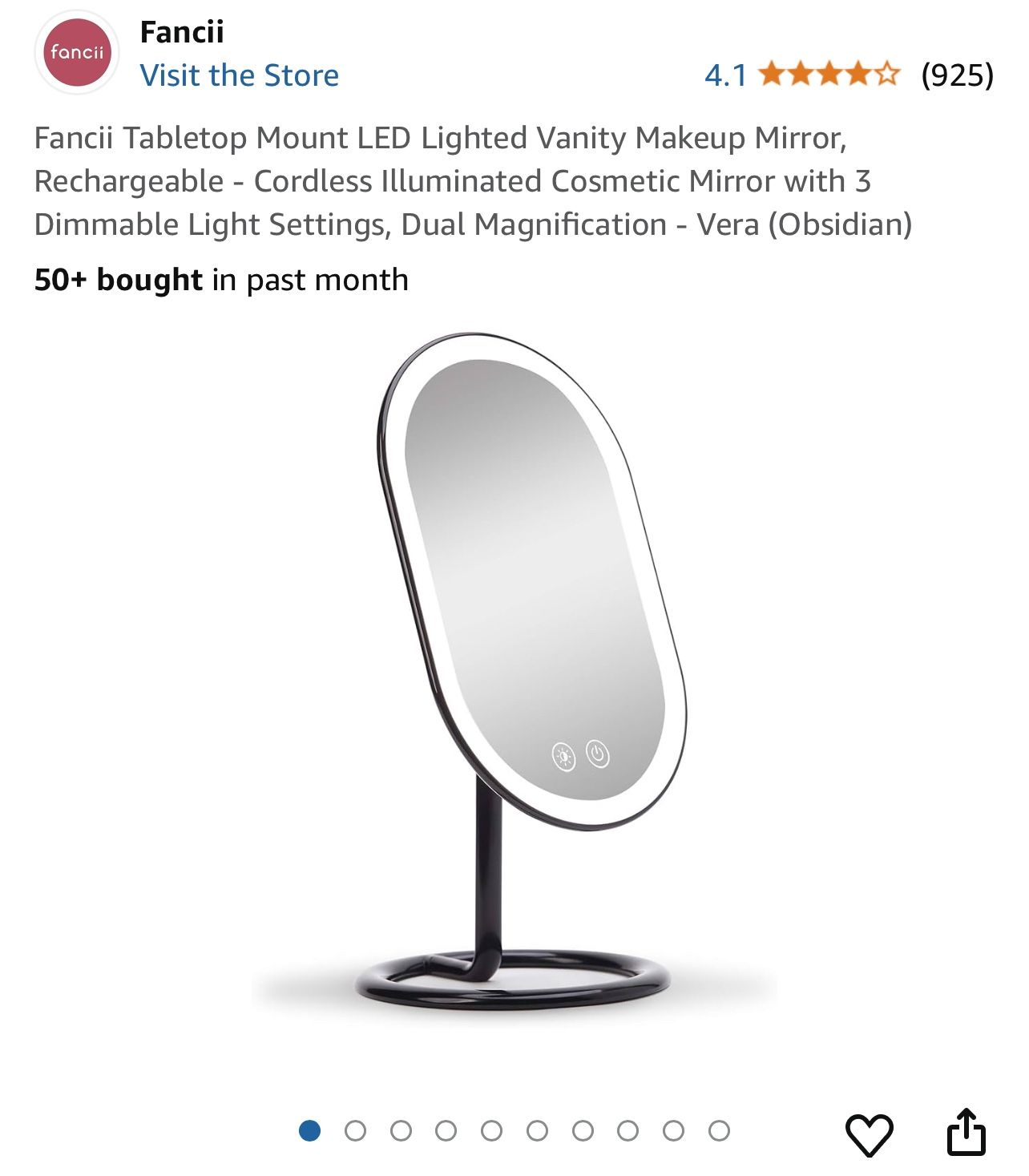 Fancii Tabletop Mount LED Lighted Vanity Makeup Mirror, Rechargeable - Cordless Illuminated Cosmetic Mirror with 3 Dimmable Light Settings, Dual Magni