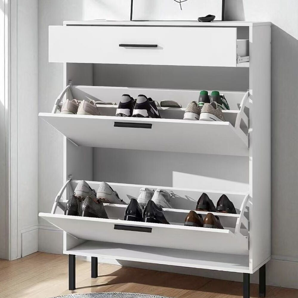 New In Box 32”Wx10”Dx44”H Shoe Storage Shelf White Cabinet With Double Fold Down Drawer Fits Up To 8 Pairs