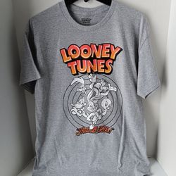 New Looney Tunes "Thats All Folks" Graphic Print Mens Size Large Tshirt. Gray