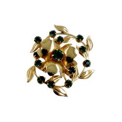 1950/1960s Wreath Pendant Brooch Pin, 2 in, Gold Plated, Green Glass Crystals