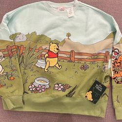 2024 Winnie The Pooh Fleece Pullover Crew Embroidered Sweater Blue Sky Green Grass Size Large Disneyland