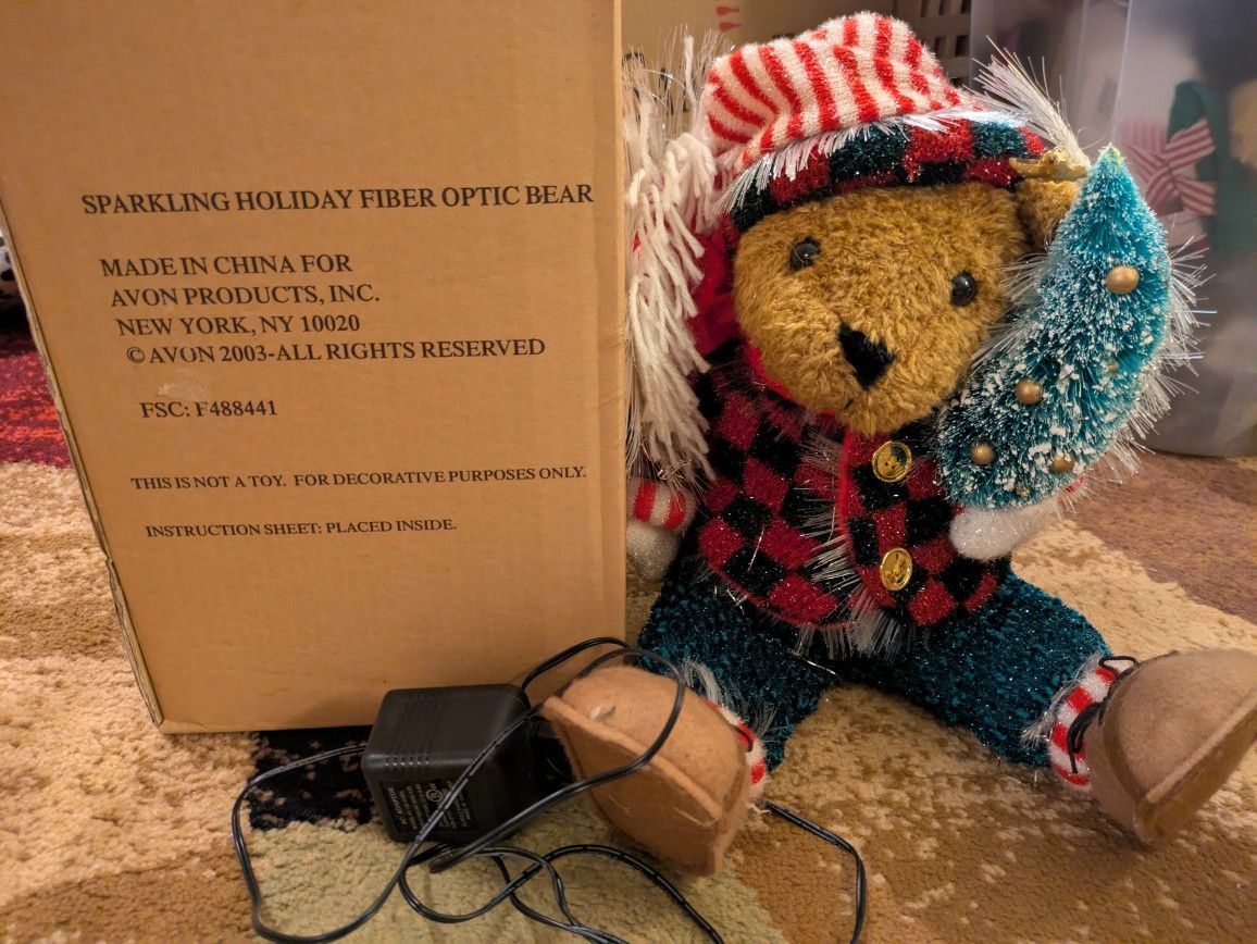 Avon Christmas Sparkling Holiday 12" Fiber Optic Teddy Bear Color Changing 2003