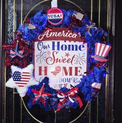 🇺🇸 Handmade Patriotic "America Our Home Sweet Home" Wreath – Red, White & Blue Door Decor