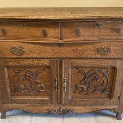 Antique Solid Oak Buffet Sideboard Cabinet Wood Dining Room Furniture Carved Dragon Heads