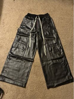 JKUIVE Rick Owens Mens Wide Leg Matte Pu Leather Pants Straight Casual Baggy Pockets Drawstring Trousers